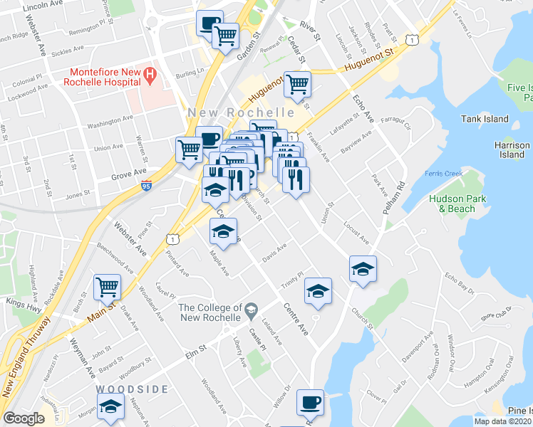 map of restaurants, bars, coffee shops, grocery stores, and more near 64 South Division Street in New Rochelle