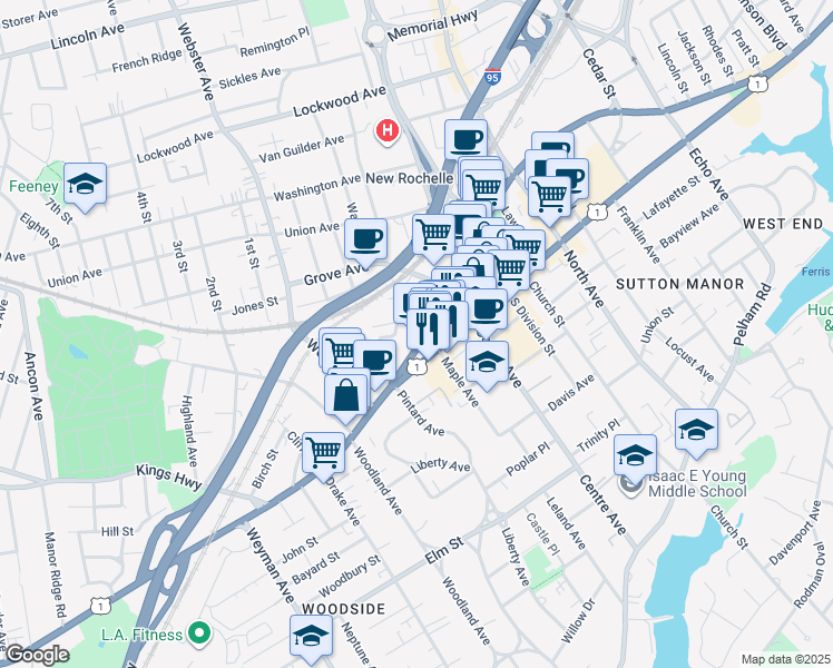 map of restaurants, bars, coffee shops, grocery stores, and more near 381 U.S. 1 in New Rochelle