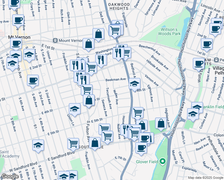 map of restaurants, bars, coffee shops, grocery stores, and more near 277 East 4th Street in Mount Vernon