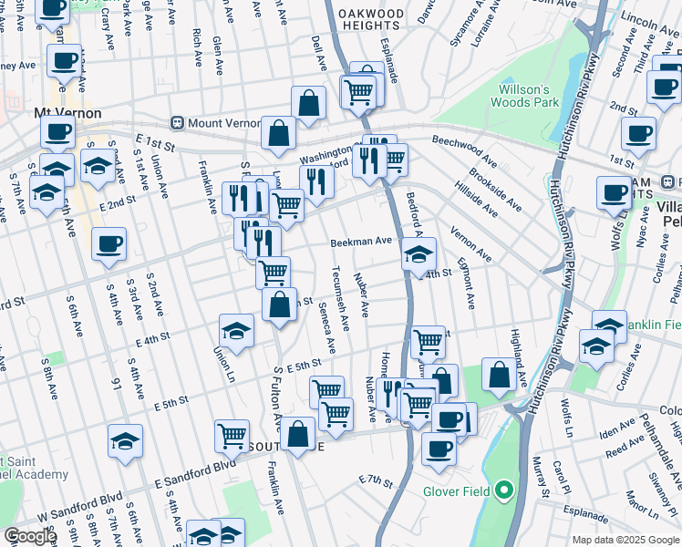 map of restaurants, bars, coffee shops, grocery stores, and more near 277 East 4th Street in Mount Vernon