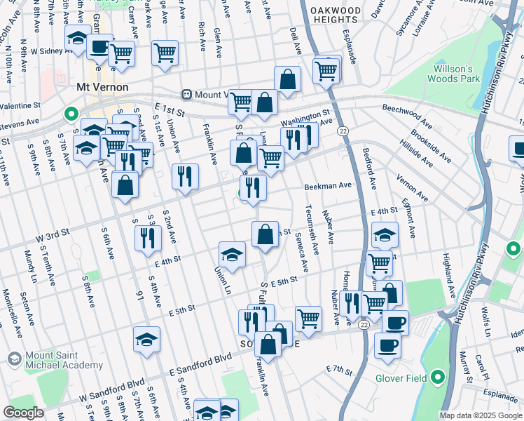 map of restaurants, bars, coffee shops, grocery stores, and more near 259 South Fulton Avenue in Mount Vernon