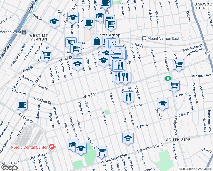 map of restaurants, bars, coffee shops, grocery stores, and more near 152 South 6th Avenue in Mount Vernon