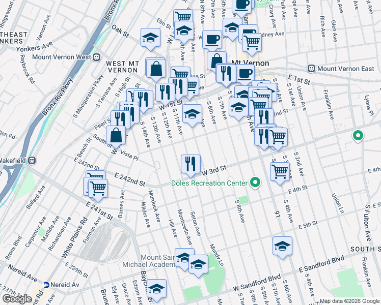 map of restaurants, bars, coffee shops, grocery stores, and more near 133 South 11th Avenue in Mount Vernon