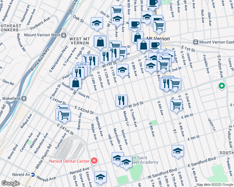 map of restaurants, bars, coffee shops, grocery stores, and more near 133 South 11th Avenue in Mount Vernon