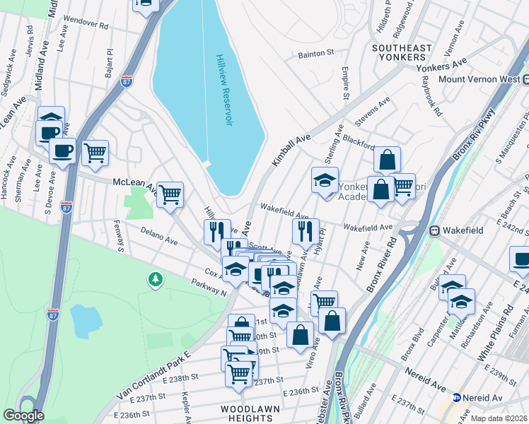 map of restaurants, bars, coffee shops, grocery stores, and more near 74 Alexander Avenue in Yonkers