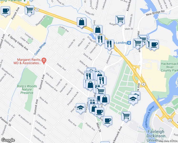 map of restaurants, bars, coffee shops, grocery stores, and more near 28 Catalpa Avenue in Hackensack