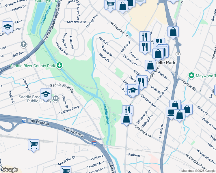 map of restaurants, bars, coffee shops, grocery stores, and more near 79 Terrace Avenue in Rochelle Park