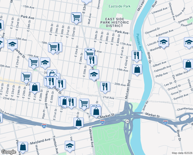 map of restaurants, bars, coffee shops, grocery stores, and more near 658 20th Avenue in Paterson