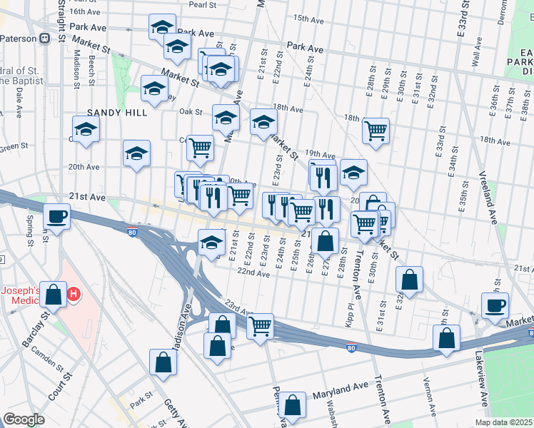 map of restaurants, bars, coffee shops, grocery stores, and more near 455 21st Avenue in Paterson