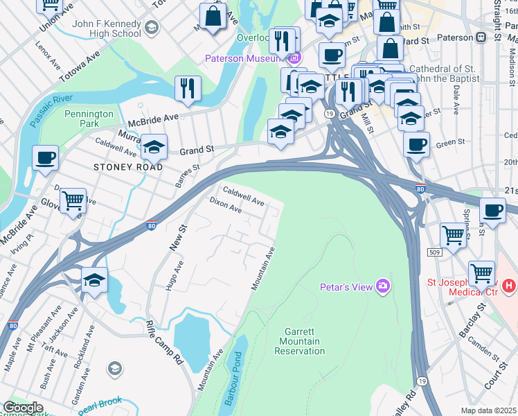 map of restaurants, bars, coffee shops, grocery stores, and more near 74 Garret Street in Paterson