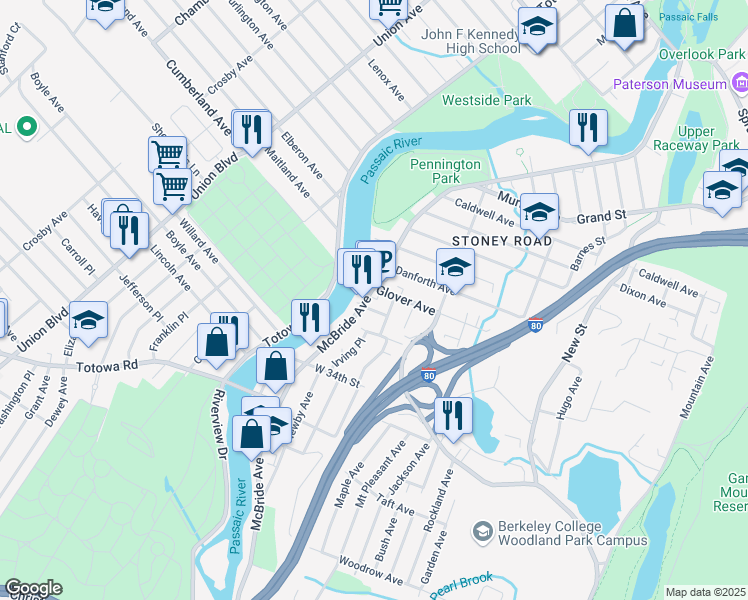 map of restaurants, bars, coffee shops, grocery stores, and more near 31 Wood Street in Woodland Park