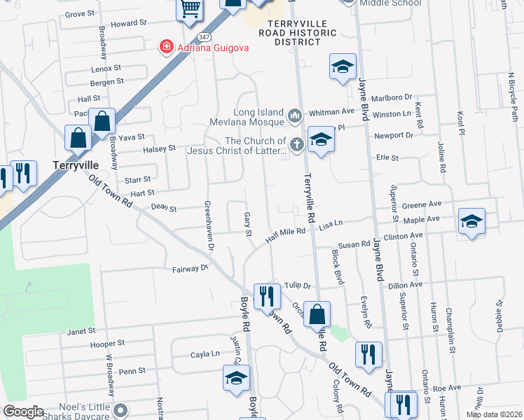 map of restaurants, bars, coffee shops, grocery stores, and more near 16 Nadine Lane in Port Jefferson Station