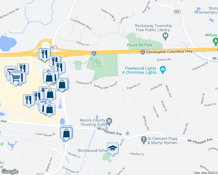 map of restaurants, bars, coffee shops, grocery stores, and more near 41 Woodledge Court in Rockaway