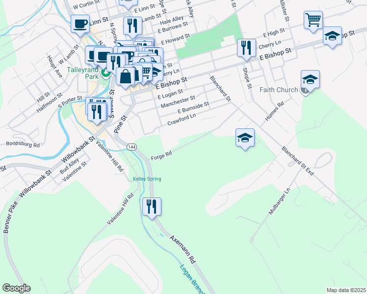 map of restaurants, bars, coffee shops, grocery stores, and more near 174 Forge Road in Bellefonte