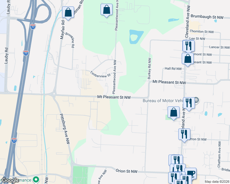 map of restaurants, bars, coffee shops, grocery stores, and more near 8420 Pleasantwood Avenue Northwest in North Canton