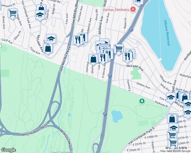 map of restaurants, bars, coffee shops, grocery stores, and more near 147 Forest Avenue in Yonkers