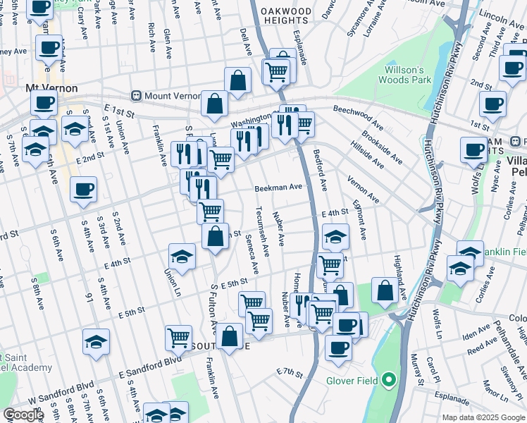 map of restaurants, bars, coffee shops, grocery stores, and more near 277 East 4th Street in Mount Vernon