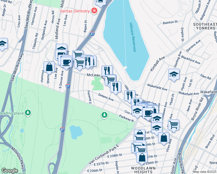 map of restaurants, bars, coffee shops, grocery stores, and more near in Yonkers