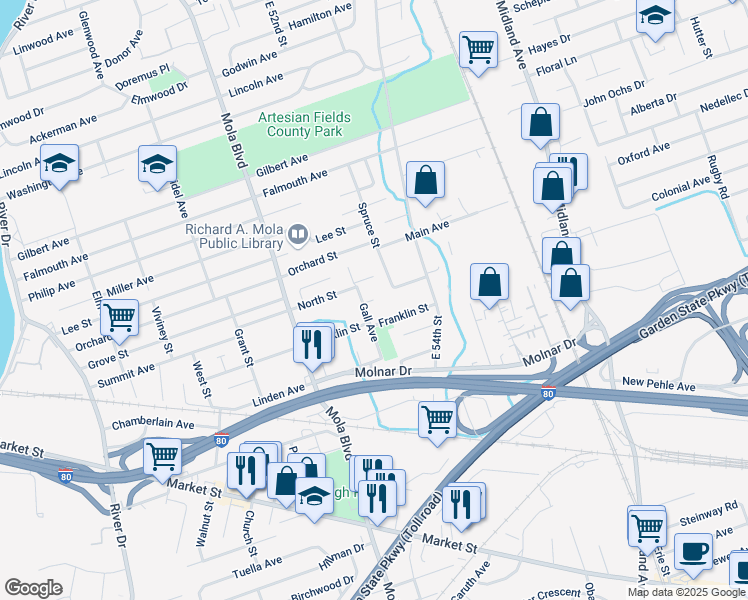 map of restaurants, bars, coffee shops, grocery stores, and more near 1 Tina Court in Elmwood Park