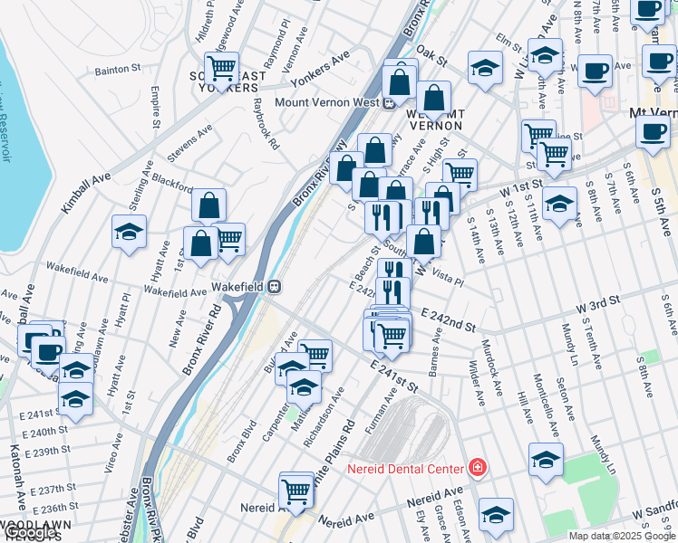 map of restaurants, bars, coffee shops, grocery stores, and more near 545 East 242nd Street in The Bronx