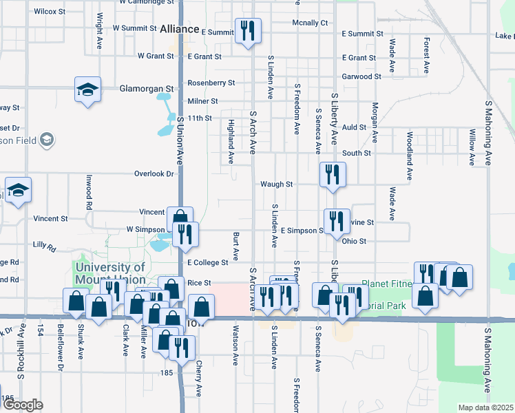 map of restaurants, bars, coffee shops, grocery stores, and more near 1480 South Arch Avenue in Alliance