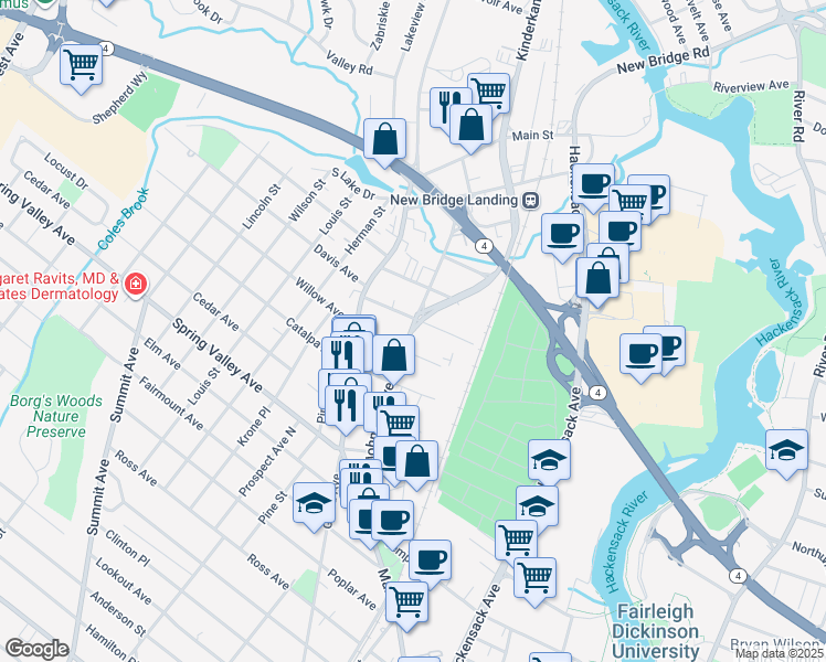 map of restaurants, bars, coffee shops, grocery stores, and more near Johnson Avenue in Hackensack