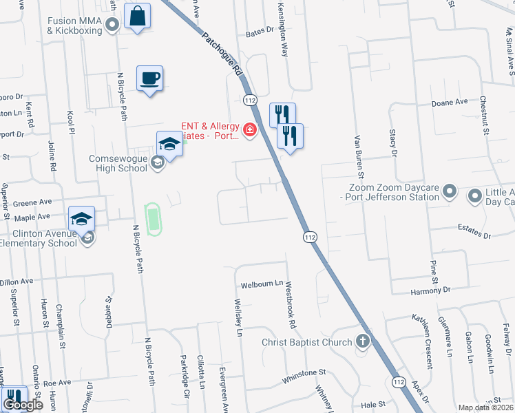 map of restaurants, bars, coffee shops, grocery stores, and more near 169 Cambridge Drive in Port Jefferson Station