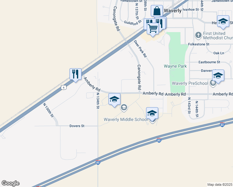 map of restaurants, bars, coffee shops, grocery stores, and more near 13801 Amberly Road in Waverly