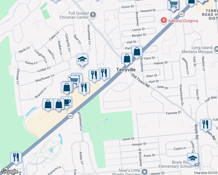 map of restaurants, bars, coffee shops, grocery stores, and more near 117 Village Green Drive in Port Jefferson Station