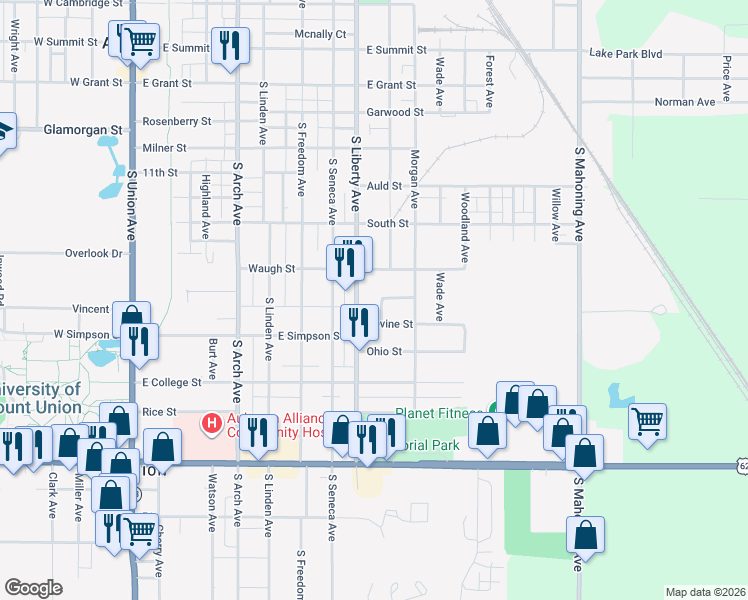 map of restaurants, bars, coffee shops, grocery stores, and more near 1520 South Liberty Avenue in Alliance