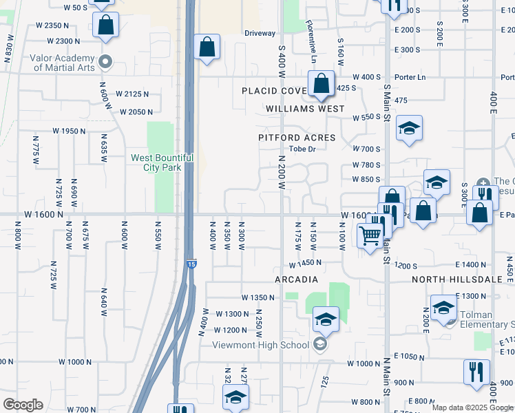 map of restaurants, bars, coffee shops, grocery stores, and more near 225 West Pages Lane in Bountiful