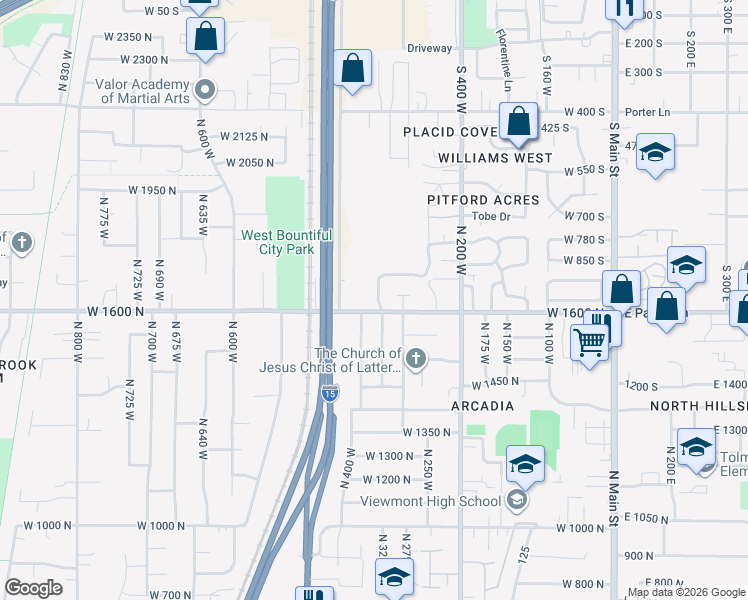 map of restaurants, bars, coffee shops, grocery stores, and more near 1584 North 400 West in Bountiful