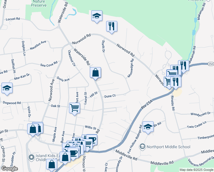map of restaurants, bars, coffee shops, grocery stores, and more near 9 Conifer Court in Northport