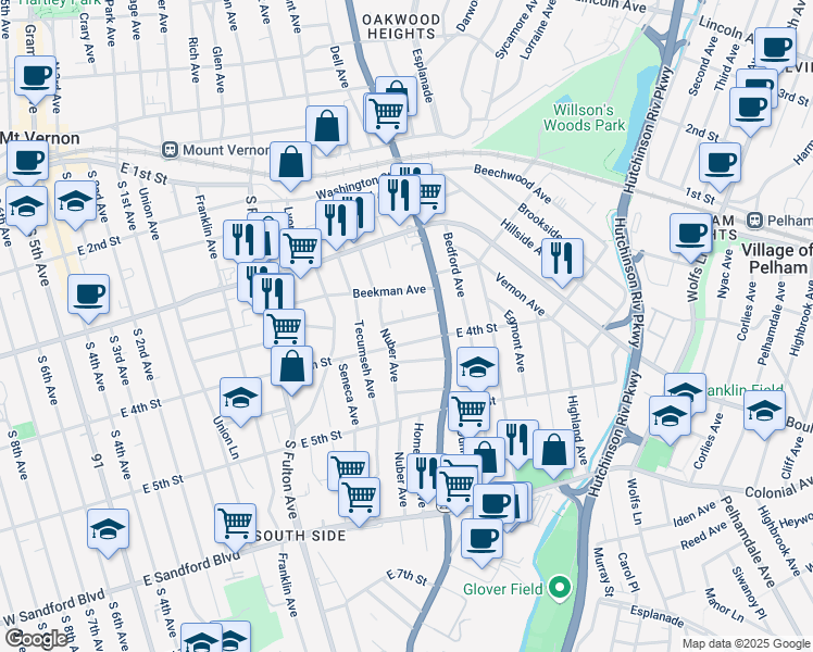 map of restaurants, bars, coffee shops, grocery stores, and more near 316 East 4th Street in Mount Vernon