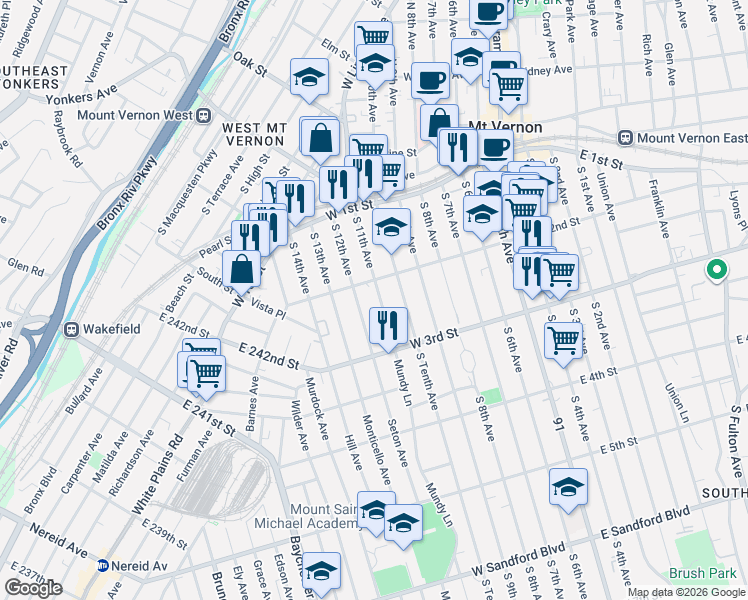 map of restaurants, bars, coffee shops, grocery stores, and more near 133 South 11th Avenue in Mount Vernon