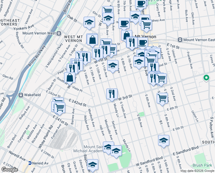 map of restaurants, bars, coffee shops, grocery stores, and more near 133 South 11th Avenue in Mount Vernon