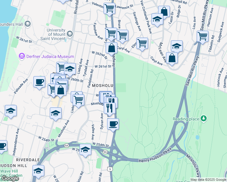 map of restaurants, bars, coffee shops, grocery stores, and more near 6535 U.S. 9 in Bronx