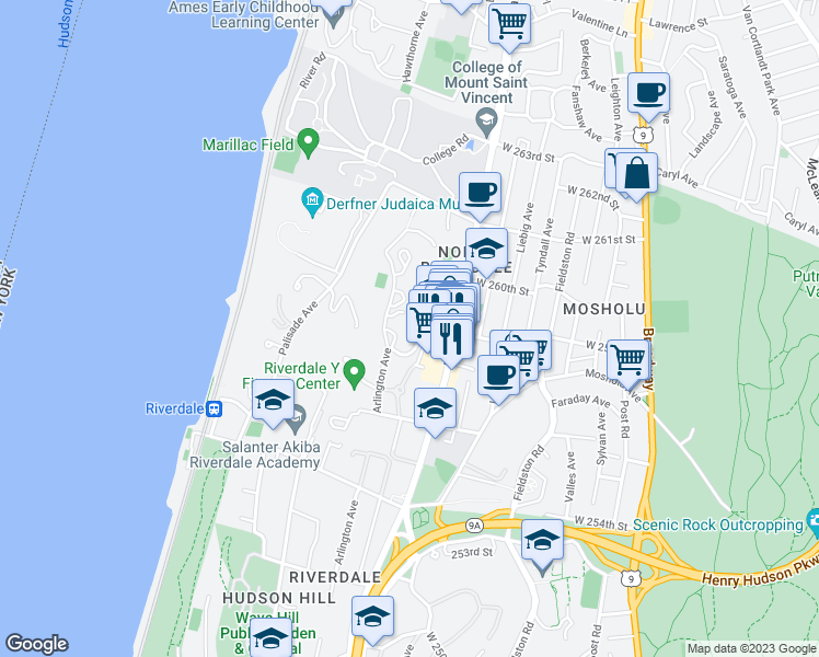 map of restaurants, bars, coffee shops, grocery stores, and more near 5700 Arlington Avenue in Bronx