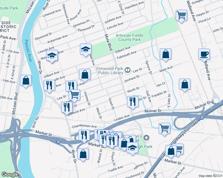 map of restaurants, bars, coffee shops, grocery stores, and more near 17 North Street in Elmwood Park