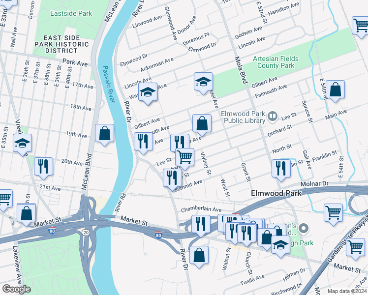 map of restaurants, bars, coffee shops, grocery stores, and more near 43 Lee Street in Elmwood Park
