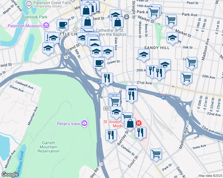 map of restaurants, bars, coffee shops, grocery stores, and more near 184 Jackson Street in Paterson