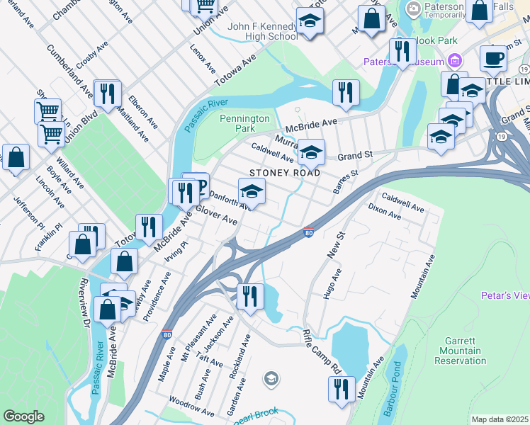 map of restaurants, bars, coffee shops, grocery stores, and more near 120 Danforth Avenue in Paterson