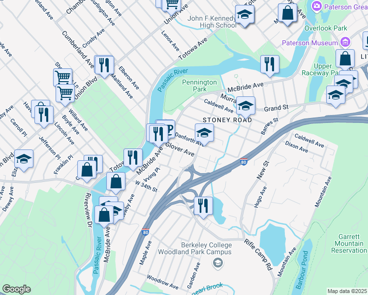 map of restaurants, bars, coffee shops, grocery stores, and more near 48 Ferrary Place in Woodland Park