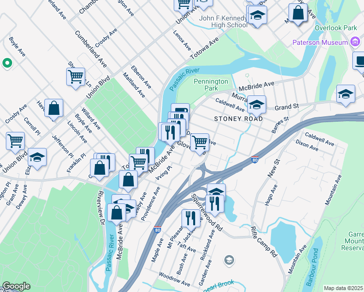 map of restaurants, bars, coffee shops, grocery stores, and more near 31 Wood Street in Woodland Park