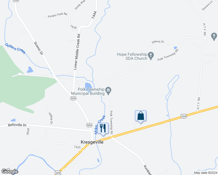 map of restaurants, bars, coffee shops, grocery stores, and more near in Kunkletown