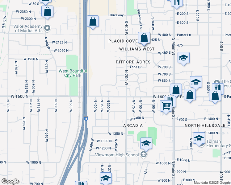 map of restaurants, bars, coffee shops, grocery stores, and more near 225 West Pages Lane in Bountiful