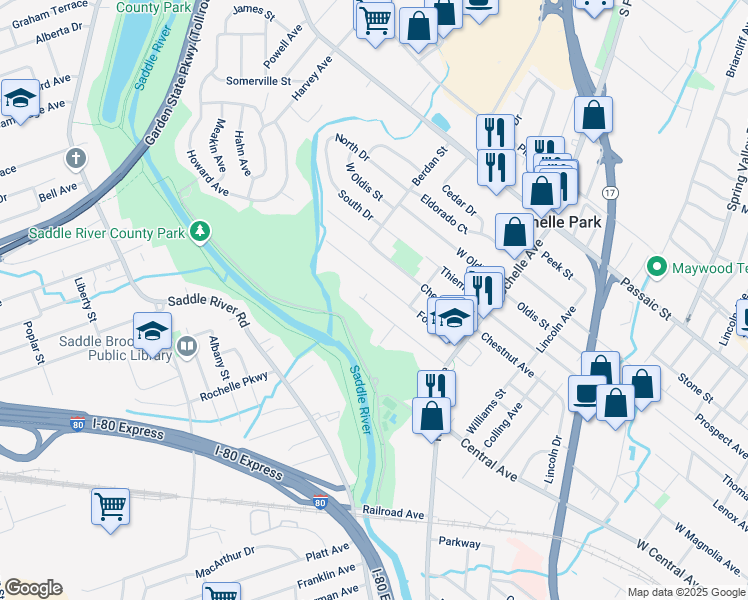 map of restaurants, bars, coffee shops, grocery stores, and more near 79 Terrace Avenue in Rochelle Park
