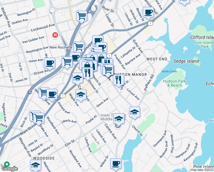 map of restaurants, bars, coffee shops, grocery stores, and more near 16 Hickory Street in New Rochelle