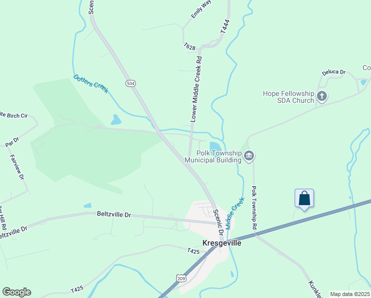 map of restaurants, bars, coffee shops, grocery stores, and more near 117 Lower Middle Creek Road in Kunkletown