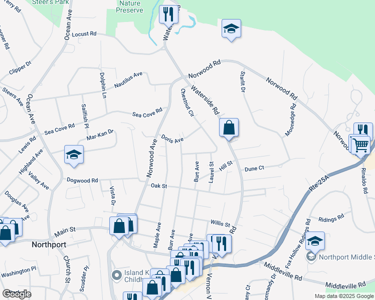 map of restaurants, bars, coffee shops, grocery stores, and more near 135 Burr Avenue in Northport